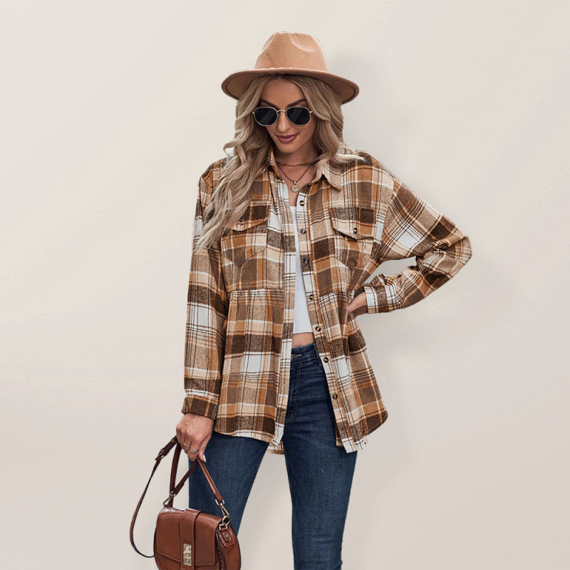 Women’s Babydoll Style Spread Collar Long Sleeves With Button Front Plaid Shirt Jacket