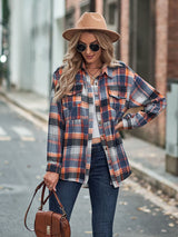 Women’s Babydoll Style Spread Collar Long Sleeves With Button Front Plaid Shirt Jacket