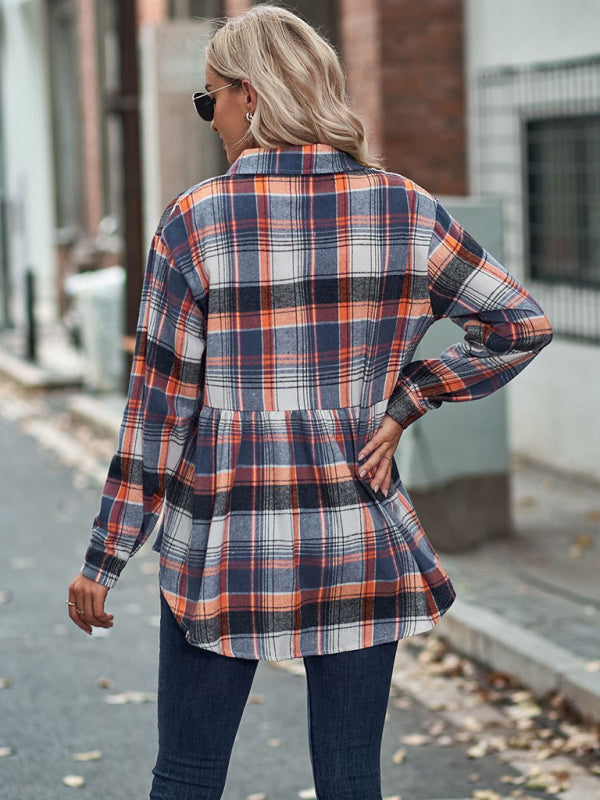 Women’s Babydoll Style Spread Collar Long Sleeves With Button Front Plaid Shirt Jacket