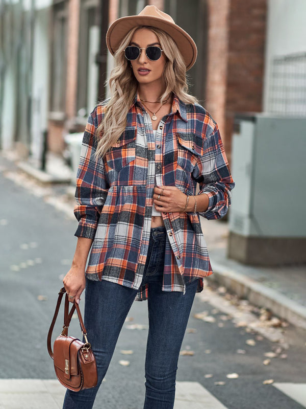 Women’s Babydoll Style Spread Collar Long Sleeves With Button Front Plaid Shirt Jacket