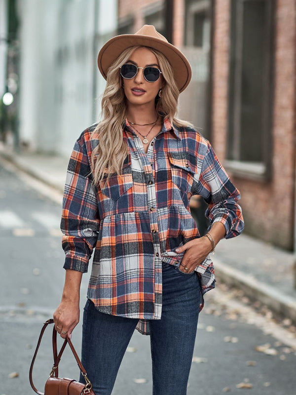 Women’s Babydoll Style Spread Collar Long Sleeves With Button Front Plaid Shirt Jacket