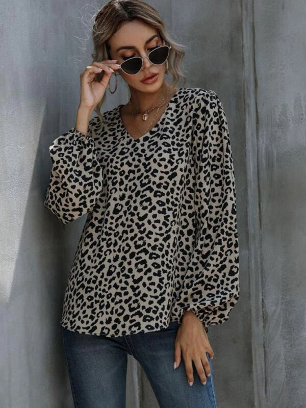 Women’s Loose Fit Leopard Print Vneck Blouse With Long Puffed Sleeves