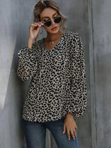 Women’s Loose Fit Leopard Print Vneck Blouse With Long Puffed Sleeves