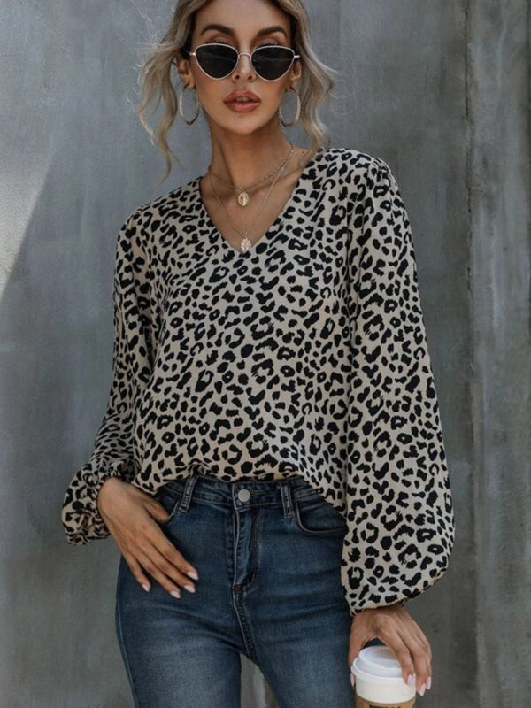 Women’s Loose Fit Leopard Print Vneck Blouse With Long Puffed Sleeves
