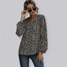 Women’s Loose Fit Leopard Print Vneck Blouse With Long Puffed Sleeves
