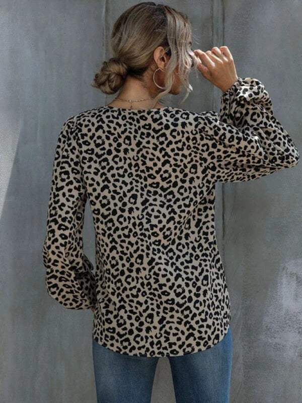 Women’s Loose Fit Leopard Print Vneck Blouse With Long Puffed Sleeves
