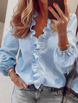 Women’s All Around Ruffled Hem Button Down Blouse With Long Cuffed Sleeves