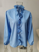 Women’s All Around Ruffled Hem Button Down Blouse With Long Cuffed Sleeves