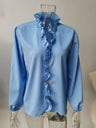 Women’s All Around Ruffled Hem Button Down Blouse With Long Cuffed Sleeves