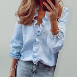 Women’s All Around Ruffled Hem Button Down Blouse With Long Cuffed Sleeves