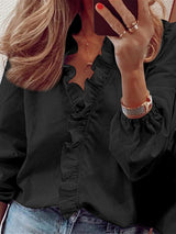 Women’s All Around Ruffled Hem Button Down Blouse With Long Cuffed Sleeves