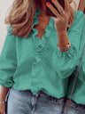 Women’s All Around Ruffled Hem Button Down Blouse With Long Cuffed Sleeves