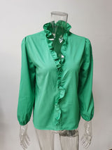Women’s All Around Ruffled Hem Button Down Blouse With Long Cuffed Sleeves