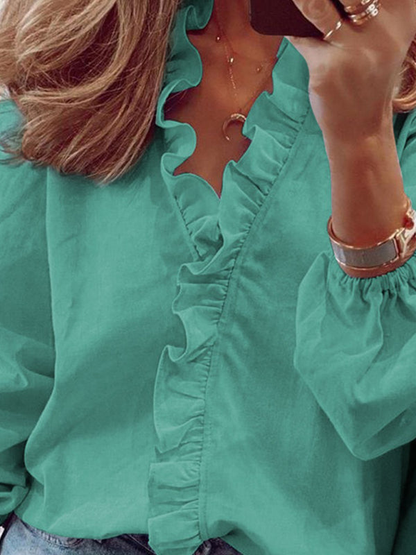 Women’s All Around Ruffled Hem Button Down Blouse With Long Cuffed Sleeves