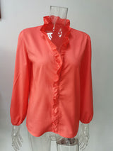 Women’s All Around Ruffled Hem Button Down Blouse With Long Cuffed Sleeves