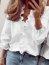 Women’s All Around Ruffled Hem Button Down Blouse With Long Cuffed Sleeves