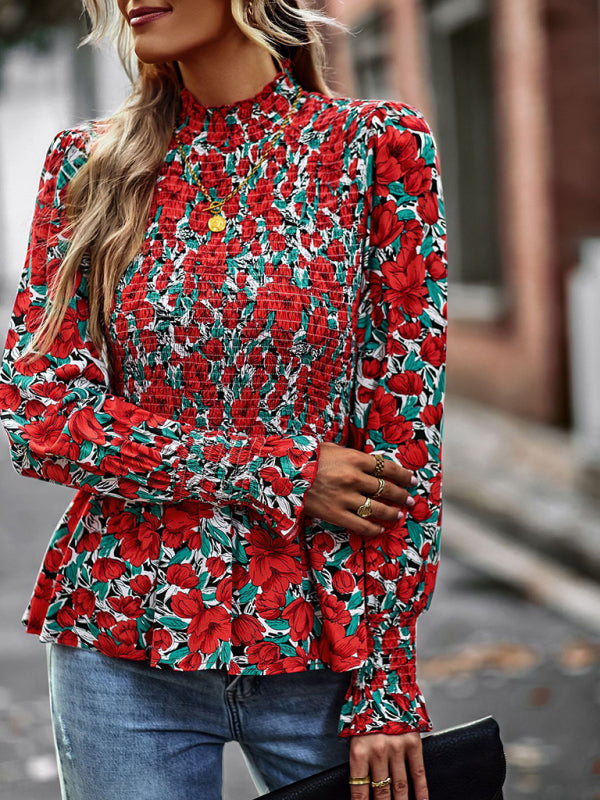 Women’s High Collar Ruffle Long Sleeve Blouse With Pleated Trim
