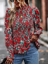 Women’s High Collar Ruffle Long Sleeve Blouse With Pleated Trim