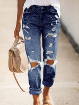 Women’s Five-pocket Style Ripped Straight Leg Cuffed Denim Jeans
