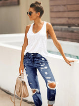 Women’s Five-pocket Style Ripped Straight Leg Cuffed Denim Jeans