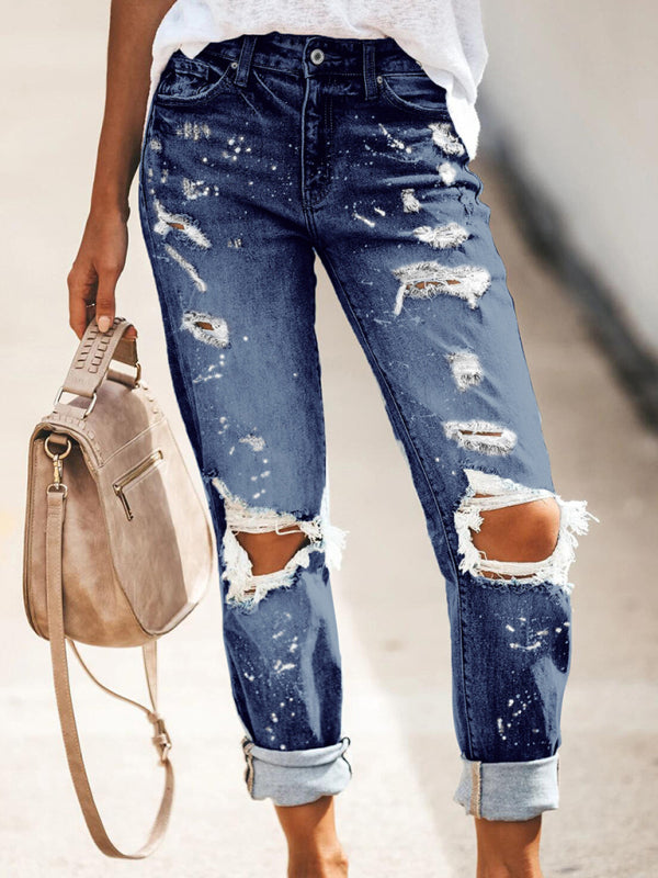 Women’s Five-pocket Style Ripped Straight Leg Cuffed Denim Jeans