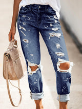 Women’s Five-pocket Style Ripped Straight Leg Cuffed Denim Jeans