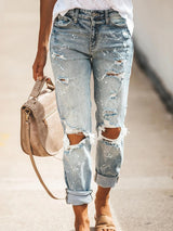 Women’s Five-pocket Style Ripped Straight Leg Cuffed Denim Jeans