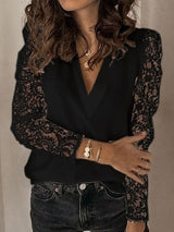 Women’s Solid Color With Lace Long Sleeve V Neck Knit Blouse