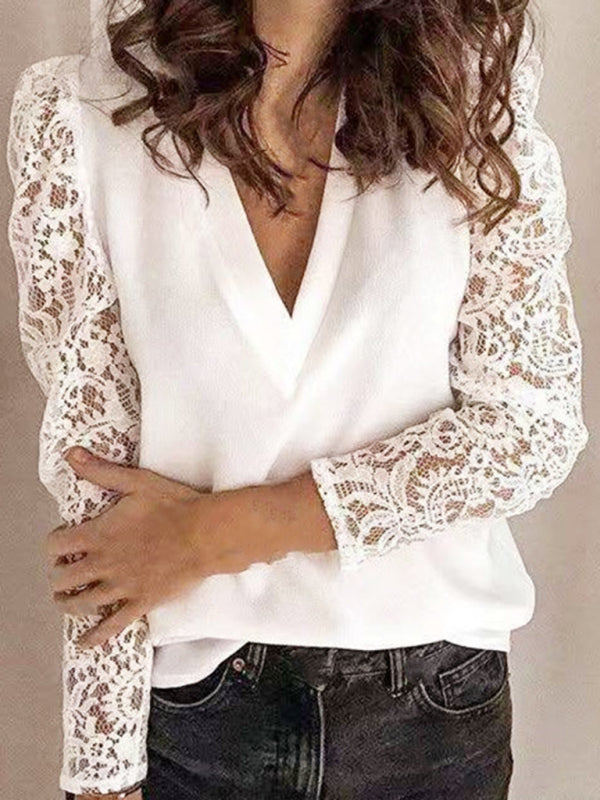 Women’s Solid Color With Lace Long Sleeve V Neck Knit Blouse