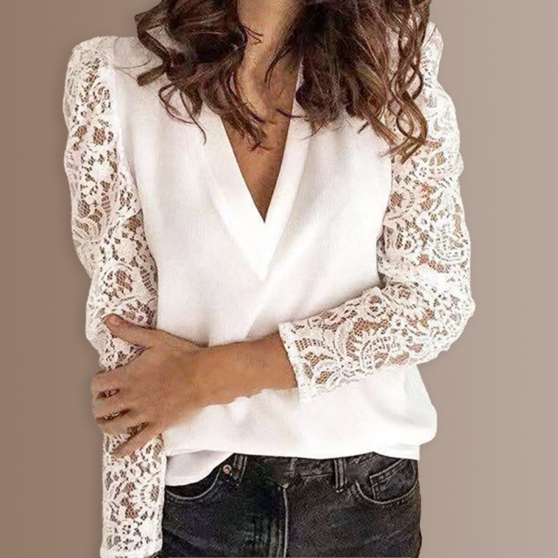 Women’s Solid Color With Lace Long Sleeve V Neck Knit Blouse