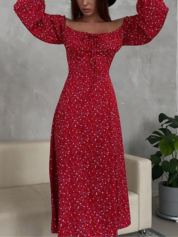 Women’s Floral Print Loose Long Sleeve Peasant Style Midi Dress With Front String Tie