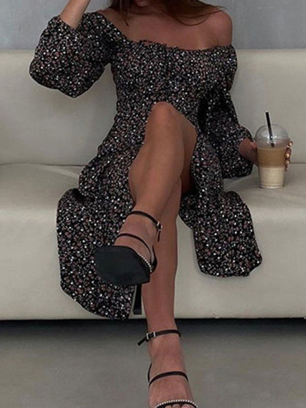 Women’s Floral Print Loose Long Sleeve Peasant Style Midi Dress With Front String Tie