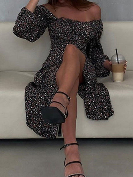Women’s Floral Print Loose Long Sleeve Peasant Style Midi Dress With Front String Tie
