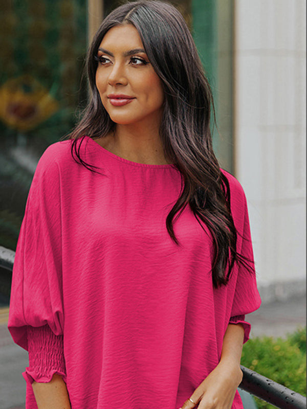 Women’s Solid Color Loose Fit Blouse With Ruffled Mid Length Sleeves