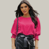 Women’s Solid Color Loose Fit Blouse With Ruffled Mid Length Sleeves