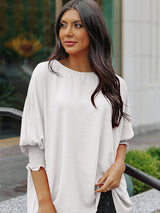 Women’s Solid Color Loose Fit Blouse With Ruffled Mid Length Sleeves