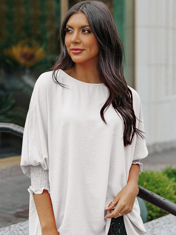 Women’s Solid Color Loose Fit Blouse With Ruffled Mid Length Sleeves