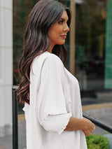 Women’s Solid Color Loose Fit Blouse With Ruffled Mid Length Sleeves