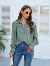 Women’s Solid Color Loose Fit Collared Button Down Blouse With Pleated Hem And Puffed Sleeves