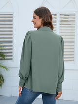 Women’s Solid Color Loose Fit Collared Button Down Blouse With Pleated Hem And Puffed Sleeves