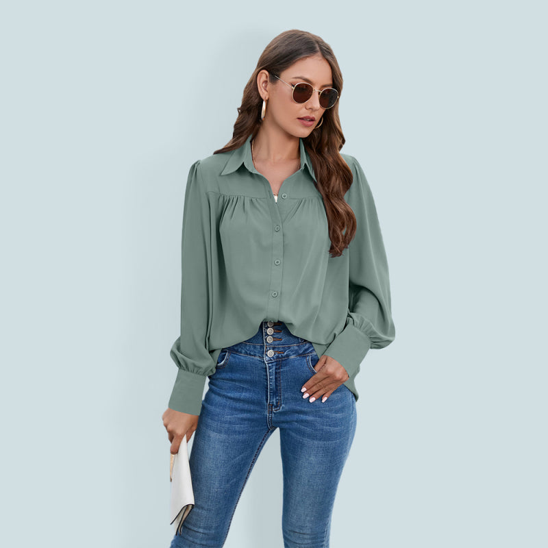 Women’s Solid Color Loose Fit Collared Button Down Blouse With Pleated Hem And Puffed Sleeves