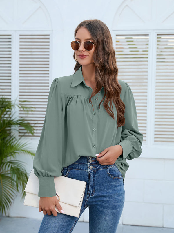 Women’s Solid Color Loose Fit Collared Button Down Blouse With Pleated Hem And Puffed Sleeves
