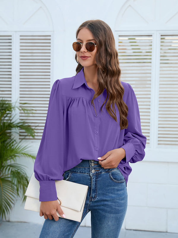 Women’s Solid Color Loose Fit Collared Button Down Blouse With Pleated Hem And Puffed Sleeves