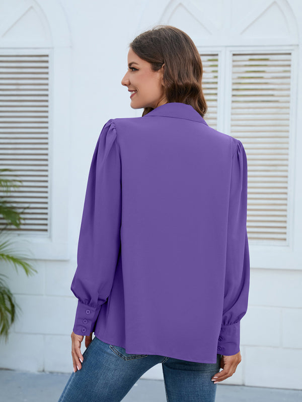 Women’s Solid Color Loose Fit Collared Button Down Blouse With Pleated Hem And Puffed Sleeves
