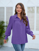 Women’s Solid Color Loose Fit Collared Button Down Blouse With Pleated Hem And Puffed Sleeves