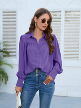 Women’s Solid Color Loose Fit Collared Button Down Blouse With Pleated Hem And Puffed Sleeves