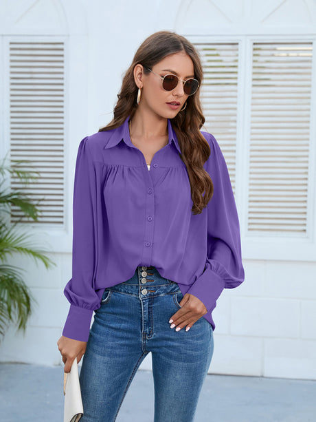 Women’s Solid Color Loose Fit Collared Button Down Blouse With Pleated Hem And Puffed Sleeves