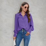 Women’s Solid Color Loose Fit Collared Button Down Blouse With Pleated Hem And Puffed Sleeves