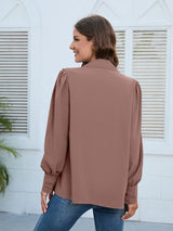 Women’s Solid Color Loose Fit Collared Button Down Blouse With Pleated Hem And Puffed Sleeves
