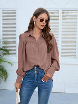 Women’s Solid Color Loose Fit Collared Button Down Blouse With Pleated Hem And Puffed Sleeves